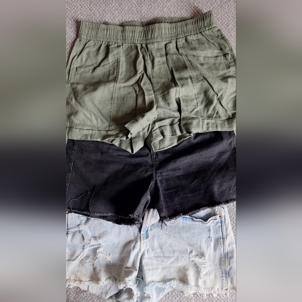 Olive Green Elastic Waist Shorts Black Jean Shorts Blue Jean Distressed Shorts M